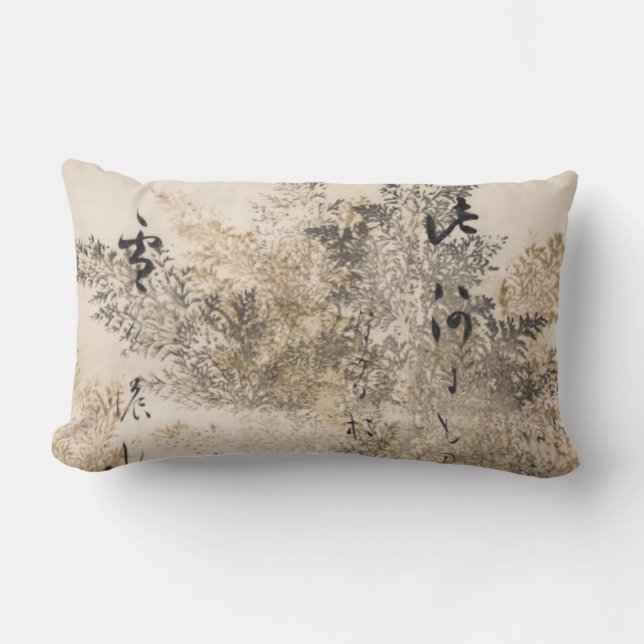 Japanese Poem Painting Gold Silver Autumn Cypress Lumbar Pillow (Front)