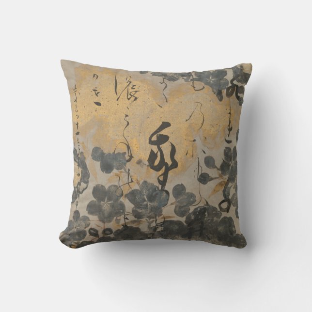Japanese Poem Painting Gold Silver Cherry Blossoms Throw Pillow (Front)