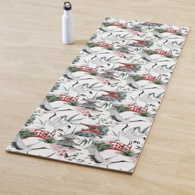 Japanese Pogoda, Bridge, Crane in Gray and Red Yoga Mat (In Situ)