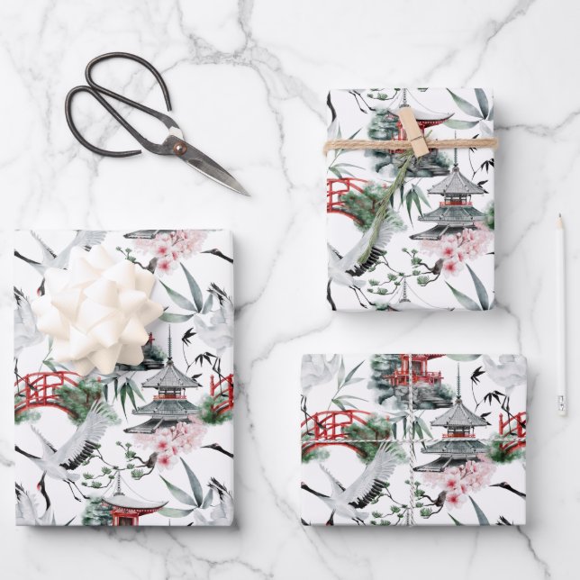 Japanese Pogoda, Bridge, Cranes and Blossoms Wrapping Paper Sheets (Front)