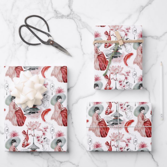Japanese Pogoda, Geisha , Cranes and Koi Wrapping Paper Sheets (Front)