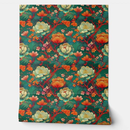 Japanese ponies on emerald wallpaper 