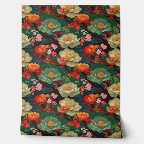 Japanese ponies on emerald wallpaper 