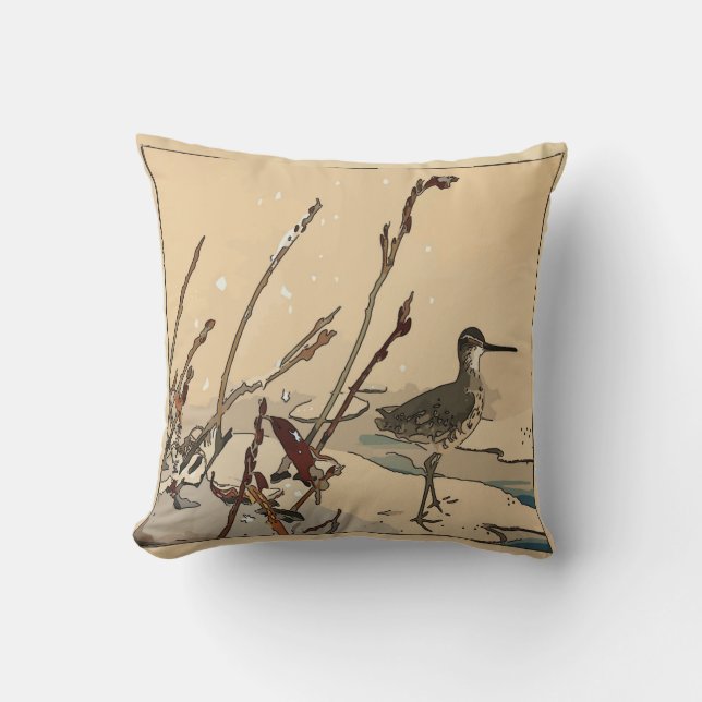 Japanese Print, Bird Beach Snow Throw Pillow (Front)