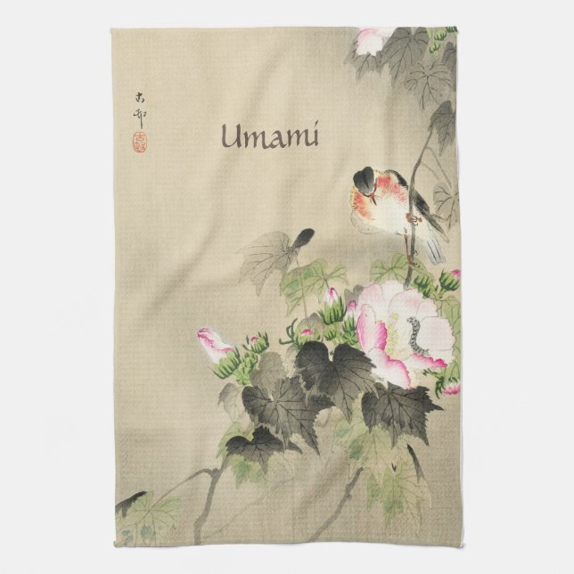 Japanese print Botanical Rose and Bird Kitchen Towel (Vertical)