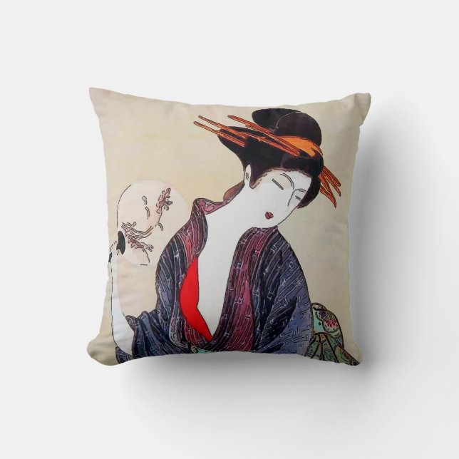Japanese Print, Lady with Fan Throw Pillow (Front)