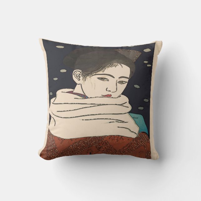 Japanese Print, Lady with Fan Throw Pillow (Front)