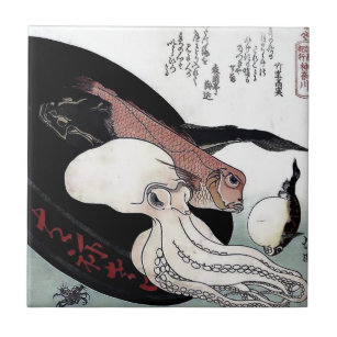 Japanese Print Octopus Fish Woodblock Ceramic Tile