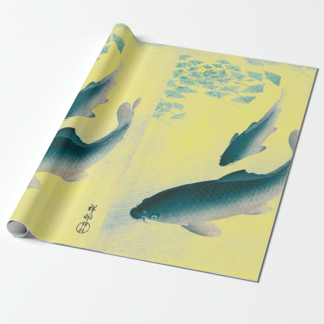 JAPANESE PRINT OF FISH SWIMMING YELLOW WRAPPING PAPER (Unrolled)