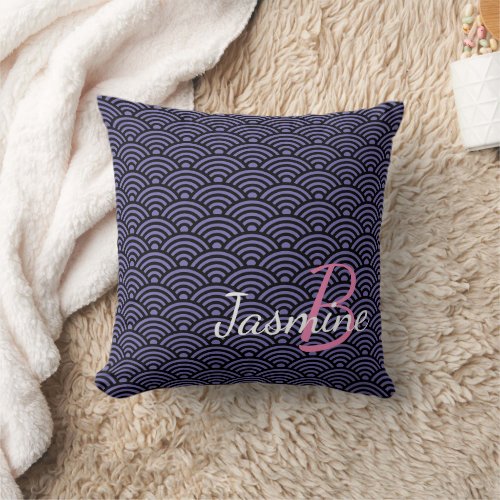 Japanese Purple Nami Wave Deco and Monogram Throw Pillow