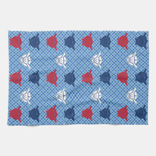 Japanese rabbit print, blue with red and white kitchen towel