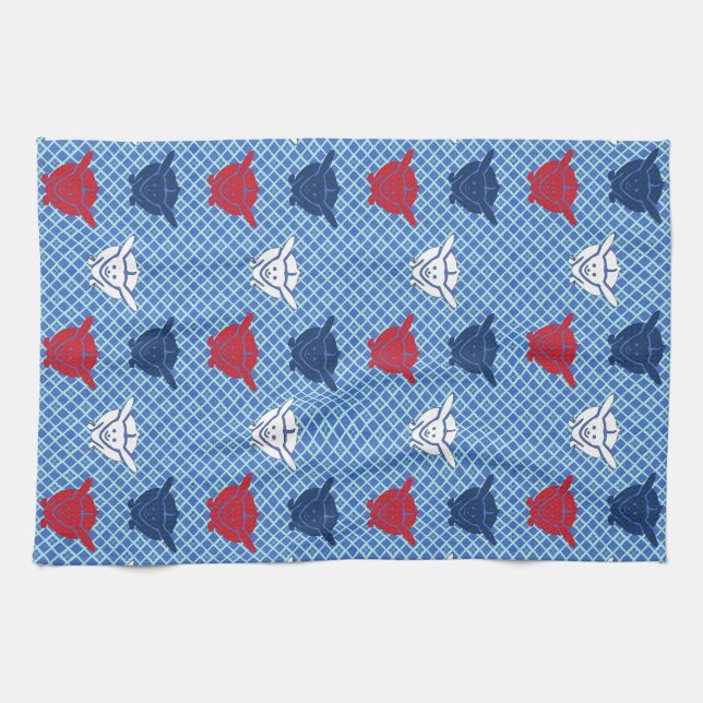 Japanese rabbit print, blue with red and white kitchen towel (Horizontal)