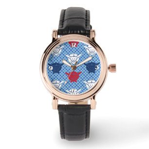 Japanese rabbit print, blue with red and white watch
