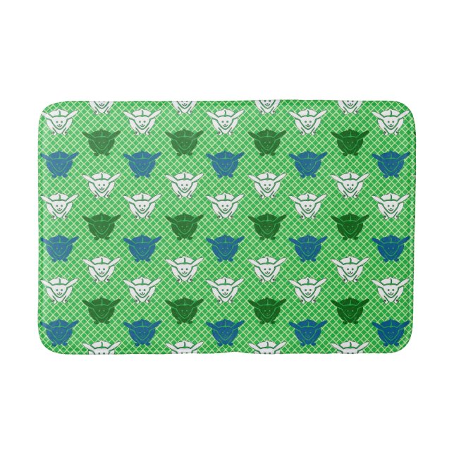 Japanese rabbit print, green, blue and white bathroom mat (Front)