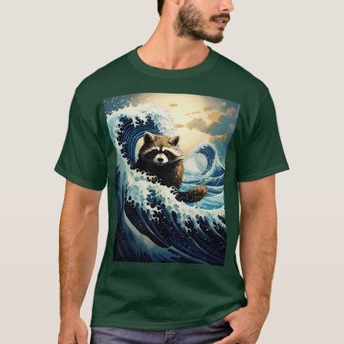 Japanese Raccoon Surfer Great Wave Off Kanagawa T_Shirt
