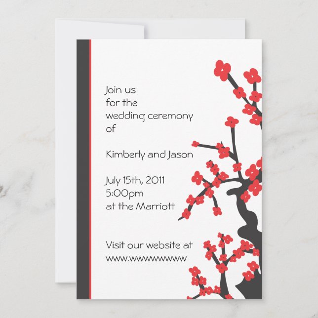 Japanese red blossoms wedding invitation (Front)