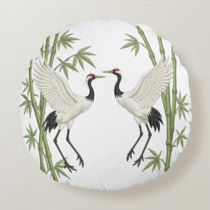 Japanese Red-Crowned Cranes Embroidery Bamboo gift Round Pillow