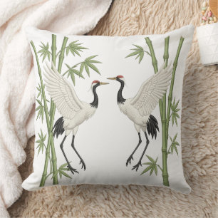 Japanese Red-Crowned Cranes Embroidery Bamboo gift Throw Pillow
