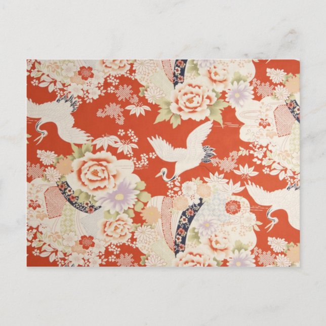 Japanese Red Kimono Crane Pattern Sakura Flowers Postcard (Front)