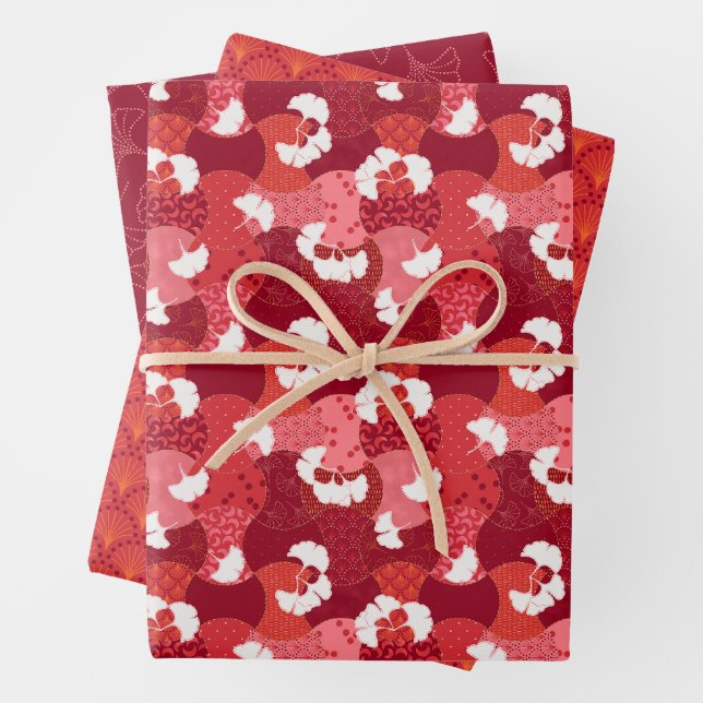 Japanese Red Kimono Patterns set of Three Wrapping Paper Sheets (In situ)