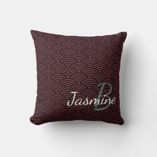 Japanese Red Nami Wave Deco and Monogram Throw Pillow