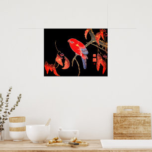 Japanese Red Parrot on tree branch by Ito Jakuchu Poster
