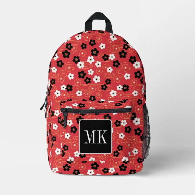 Japanese Red Sakura Blossom Monogram Initials Printed Backpack (Front)