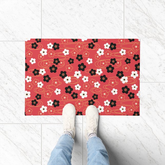 Japanese Red Sakura Cherry Blossom Flowers Doormat (Indoor)