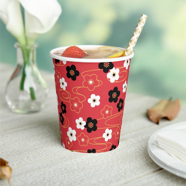 Japanese Red Sakura Cherry Blossom Flowers Paper Cups (Insitu)