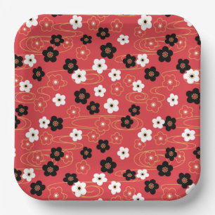 Japanese Red Sakura Cherry Blossom Flowers Paper Plates