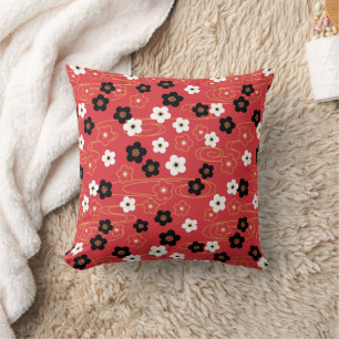 Japanese Red Sakura Cherry Blossom Flowers Throw Pillow