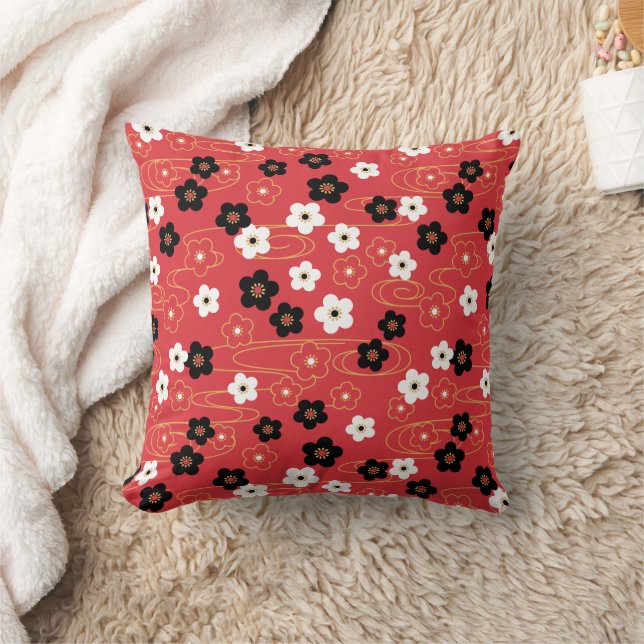 Japanese Red Sakura Cherry Blossom Flowers Throw Pillow (Blanket)