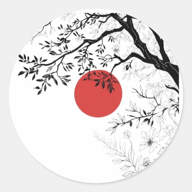 Japanese Red Sun & Brush Tree Art Classic Round Sticker (Front)