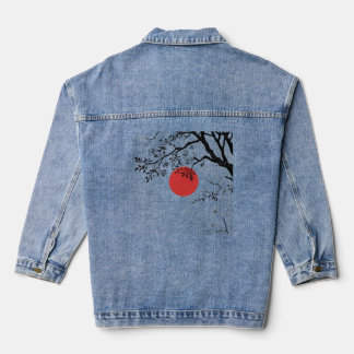 Japanese Red Sun & Brush Tree Art Denim Jacket