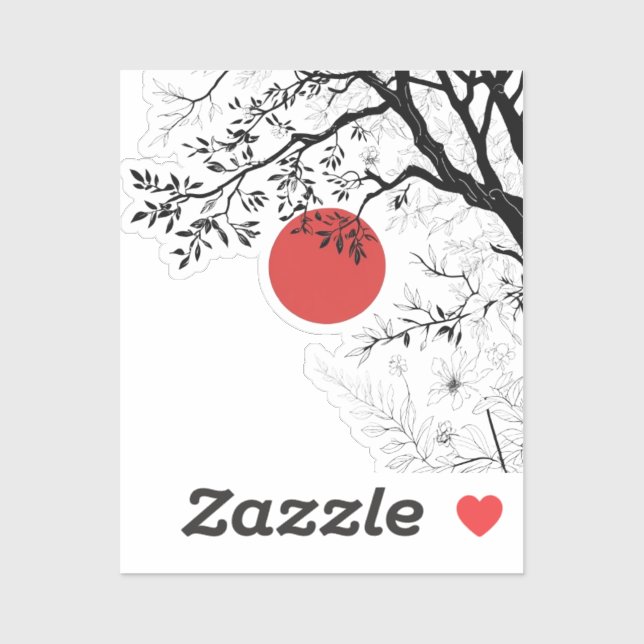 Japanese Red Sun & Brush Tree Art Sticker (Sheet)