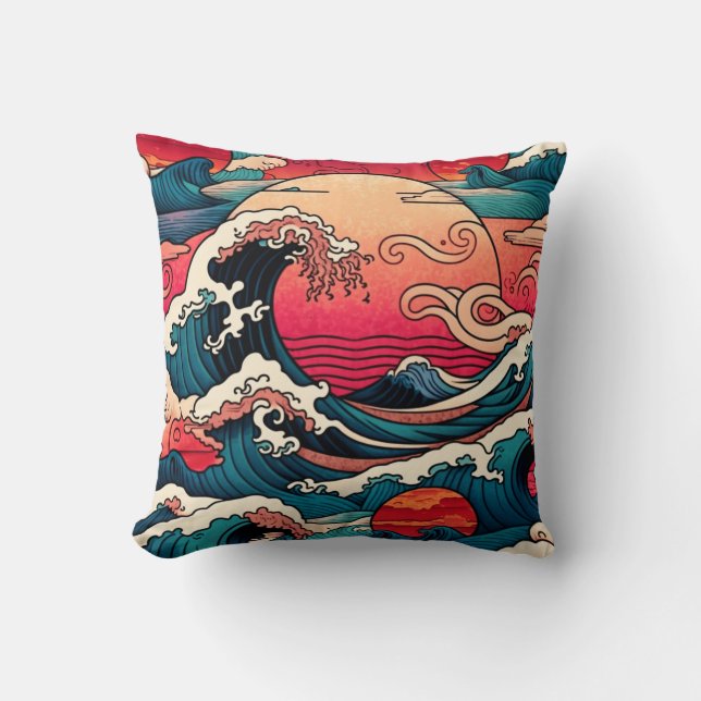 Japanese Red Sunset Ocean Wave Art Throw Pillow (Front)