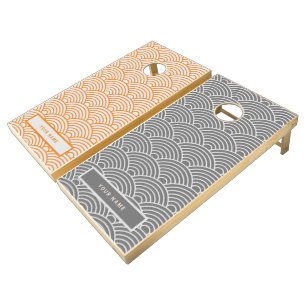 Japanese Retro Pattern   Your Name Orange Gray Cornhole Set