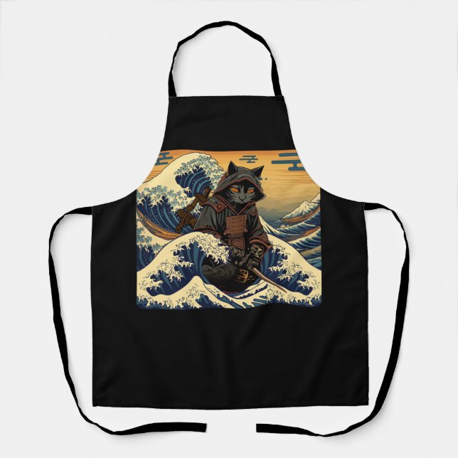 Japanese Retro Samurai Cat The Great Wave By Hokus Apron (Front)