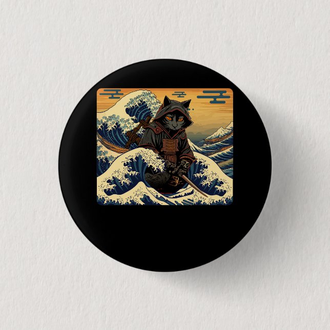 Japanese Retro Samurai Cat The Great Wave By Hokus Button (Front)