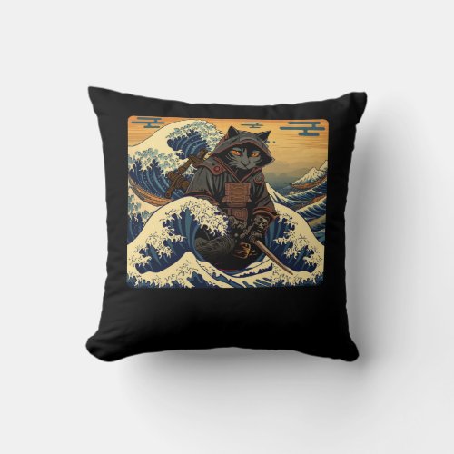 Japanese Retro Samurai Cat The Great Wave By Hokus Throw Pillow