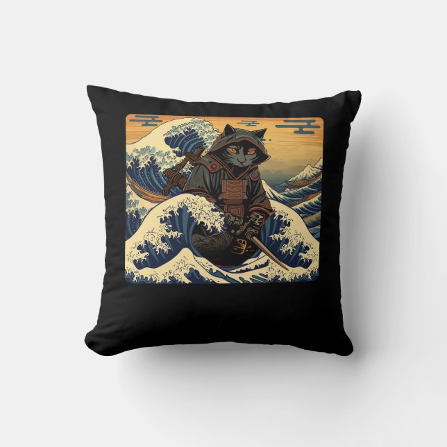 Japanese Retro Samurai Cat The Great Wave By Hokus Throw Pillow (Front)