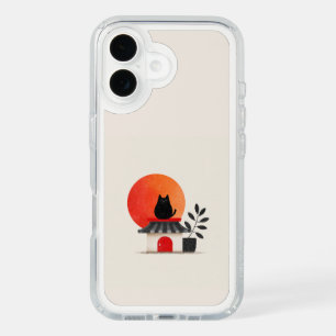 Japanese Retro Sunset Black Cat Rooftop iPhone 16 Case