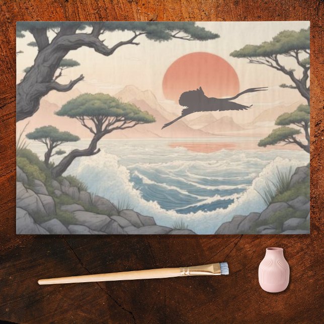 Japanese Rocky Coast Sunset Landscape and Egret Tissue Paper (Creator Uploaded)