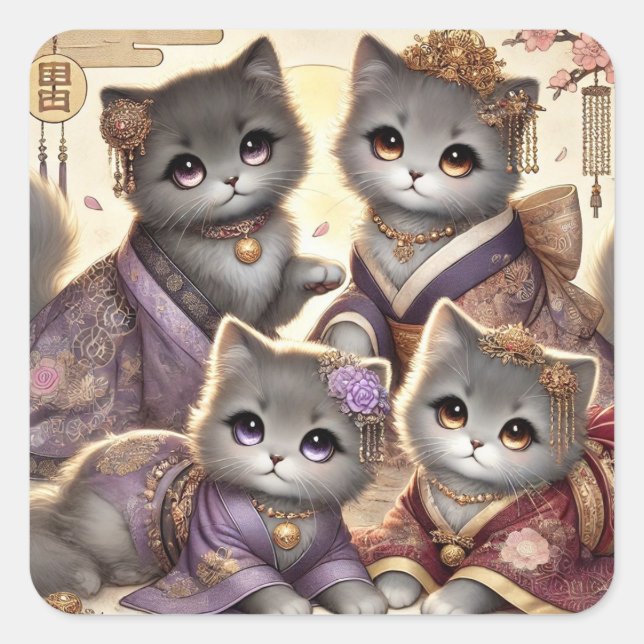 Japanese Royal Gray Cats Square Sticker (Front)