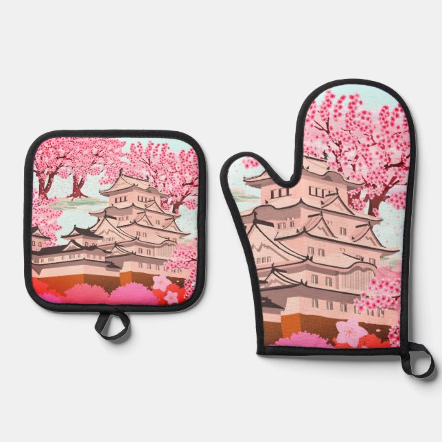 Japanese Sakura Castle Art – Cherry Blossom Spring Oven Mitt & Pot Holder Set (Front)