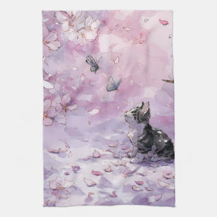 Japanese Sakura Cat with Blue & Pink Butterflies Kitchen Towel