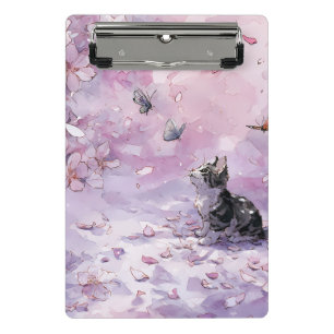 Japanese Sakura Cat with Blue & Pink Butterflies Mini Clipboard