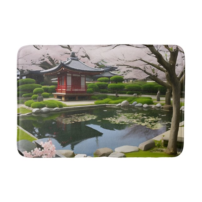 Japanese Sakura Cherry Blossom Garden Shrine Pond Bath Mat (Front)