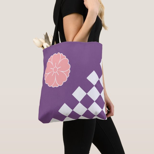 Japanese Sakura Emblem and Checker Pattern Tote Bag (Close Up)