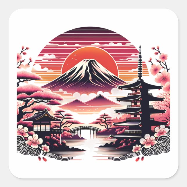 Japanese Sakura Garden Mount Fuji Cherry Blossom Square Sticker (Front)